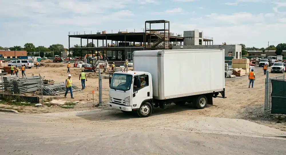 Nirman BuildMart delivery truck arriving at a construction site