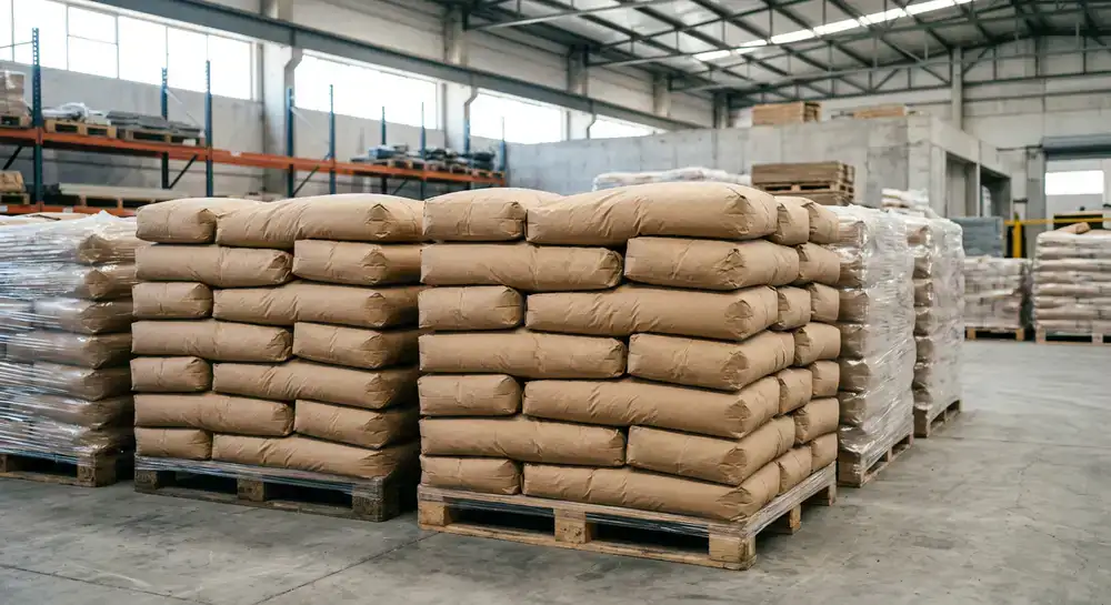 Bags of Portland cement neatly arranged