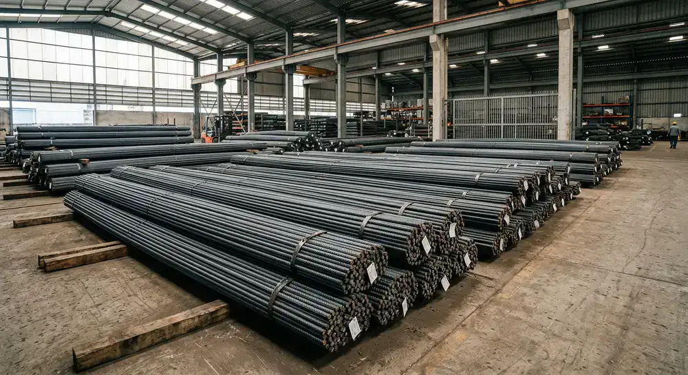 Bundles of TMT steel bars stacked at a warehouse